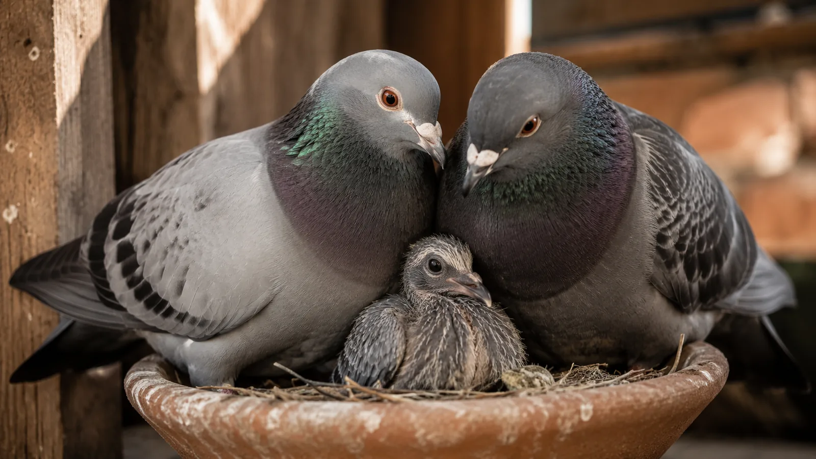 Deux pigeons adultes avec leur pigeonneau dans un nid.
